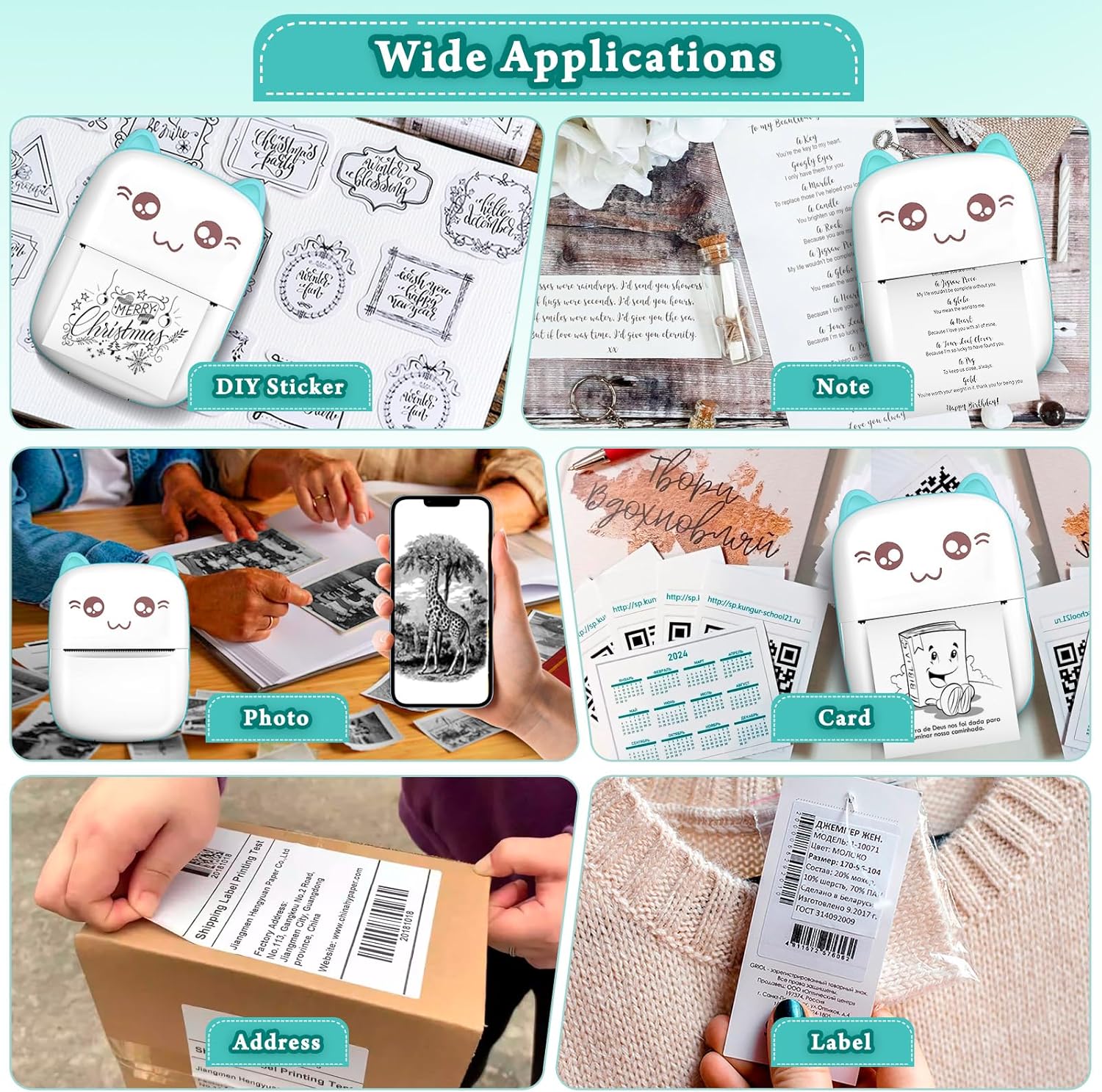 Mini Sticker Printer, Portable Thermal Printer with 7 Rolls Paper, Bluetooth Inkless Smart Printer Compatible with Ios & Android, Free Cut Small Pocket Printer for Notes, Pictures, Label, Memo (Blue)